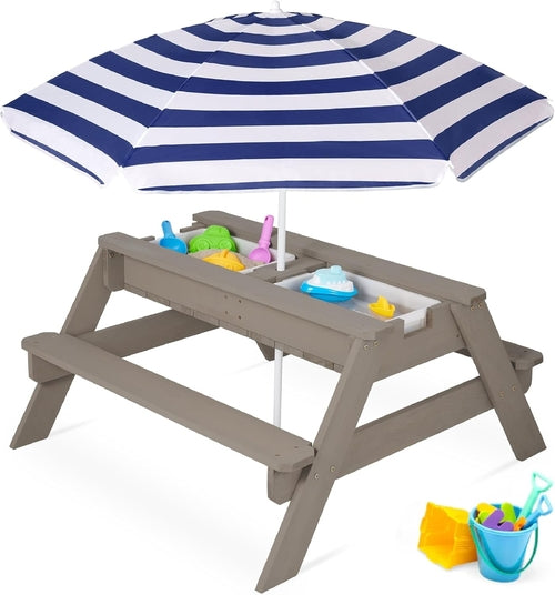 Kids 3-In-1 Sand & Water Table, Wood Outdoor Convertible Picnic Table