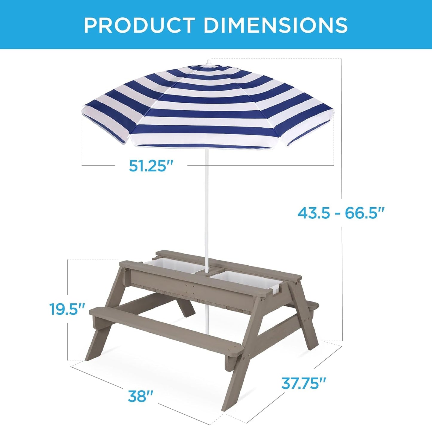 Kids 3-In-1 Sand & Water Table, Wood Outdoor Convertible Picnic Table