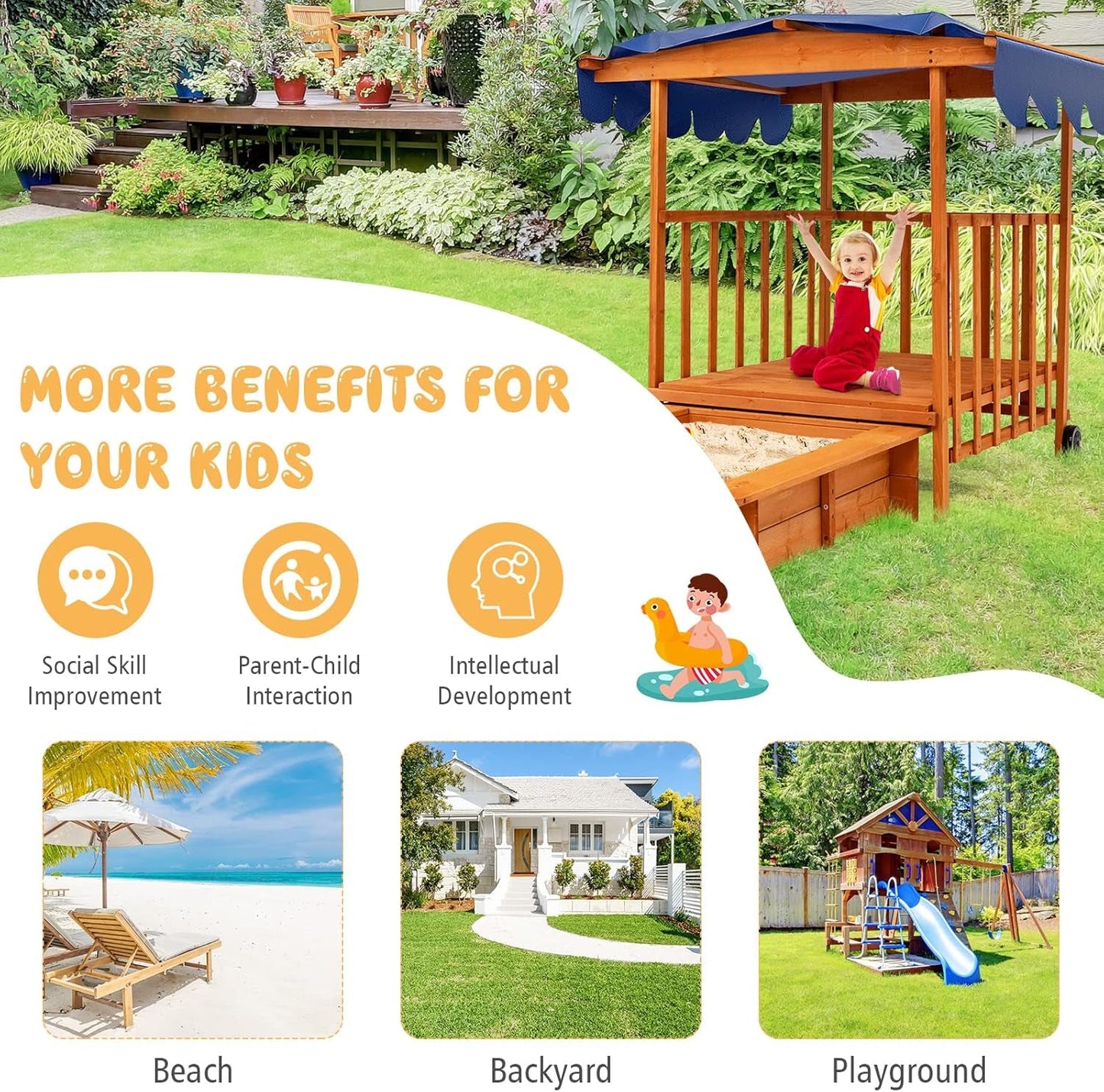 3 in 1 Kids Sandbox with Playhouse and Canopy, Wooden Cedar Bottomless