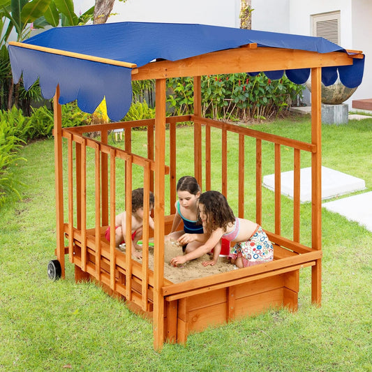 3 in 1 Kids Sandbox with Playhouse and Canopy, Wooden Cedar Bottomless