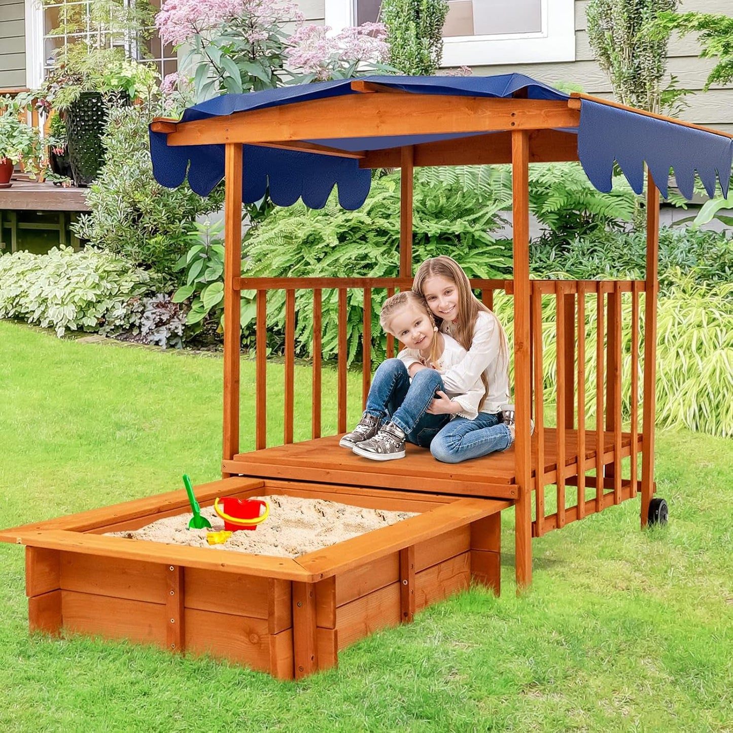 3 in 1 Kids Sandbox with Playhouse and Canopy, Wooden Cedar Bottomless