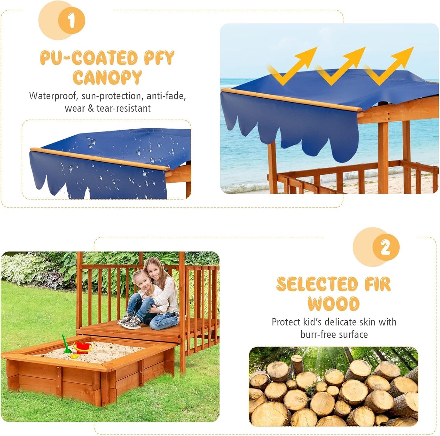 3 in 1 Kids Sandbox with Playhouse and Canopy, Wooden Cedar Bottomless