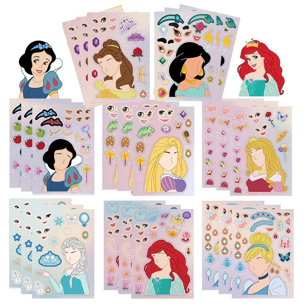 32Sheets Children DIY Puzzle Sticker Princess Face Funny Cartoon Assemble Stickers Kids Toys Boys Girls Gifts