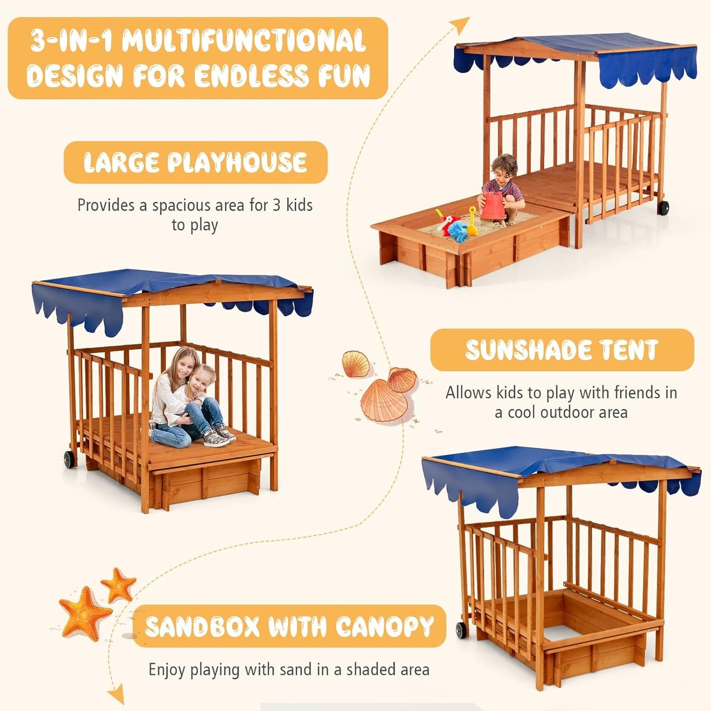 3 in 1 Kids Sandbox with Playhouse and Canopy, Wooden Cedar Bottomless