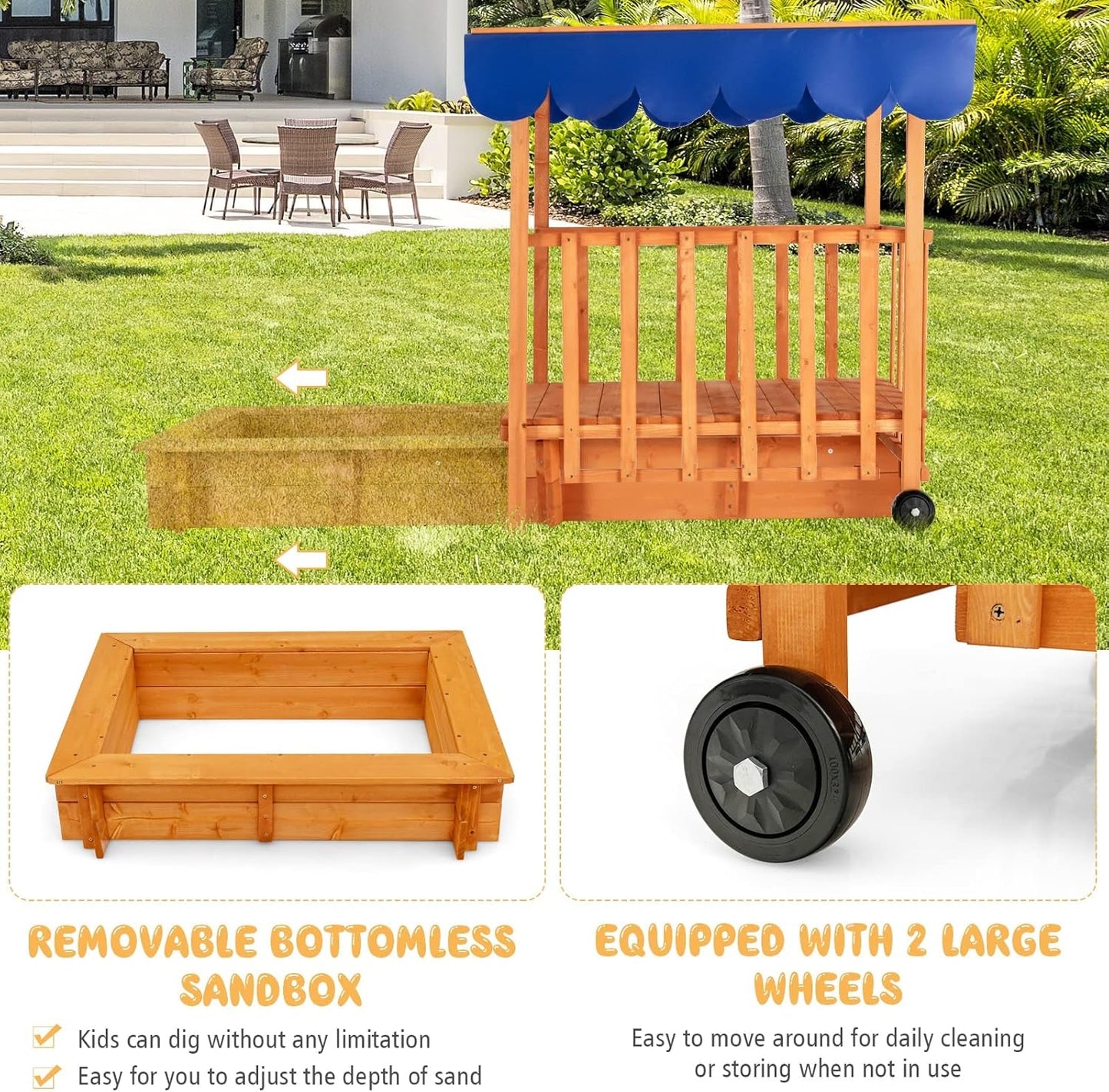 3 in 1 Kids Sandbox with Playhouse and Canopy, Wooden Cedar Bottomless