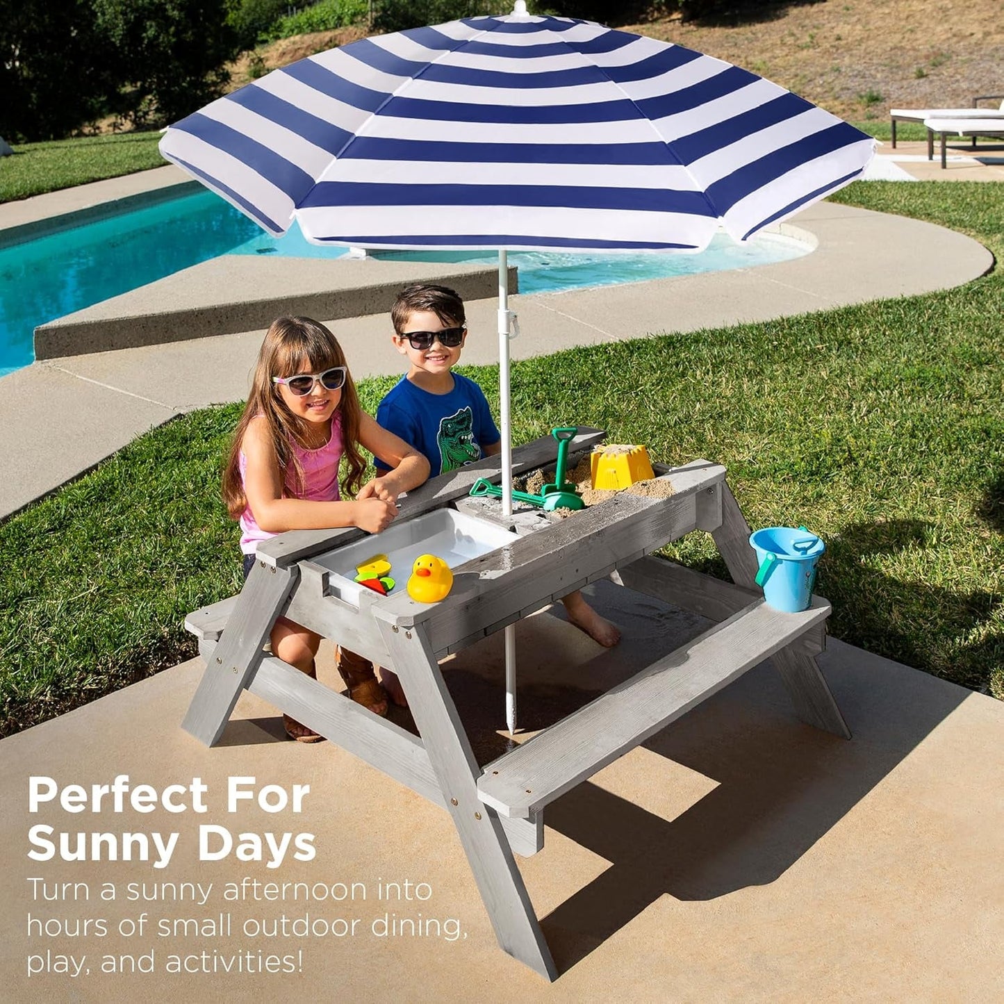 Kids 3-In-1 Sand & Water Table, Wood Outdoor Convertible Picnic Table